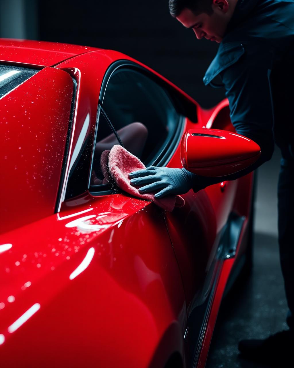 Polishing a red sports car
