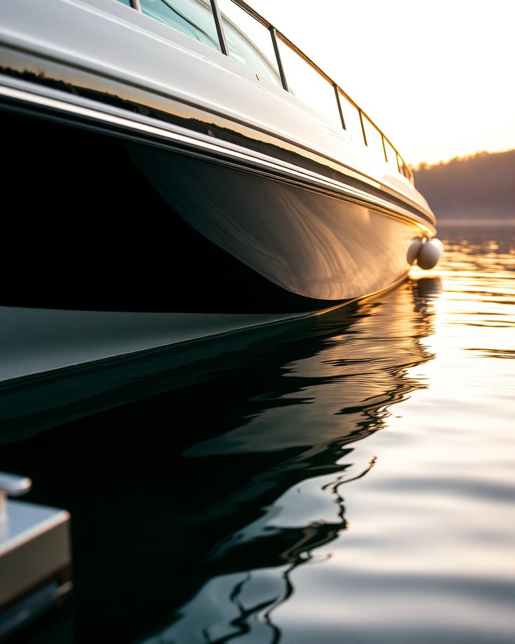 Glossy speedboat hull reflecting golden hour on Lake Norman