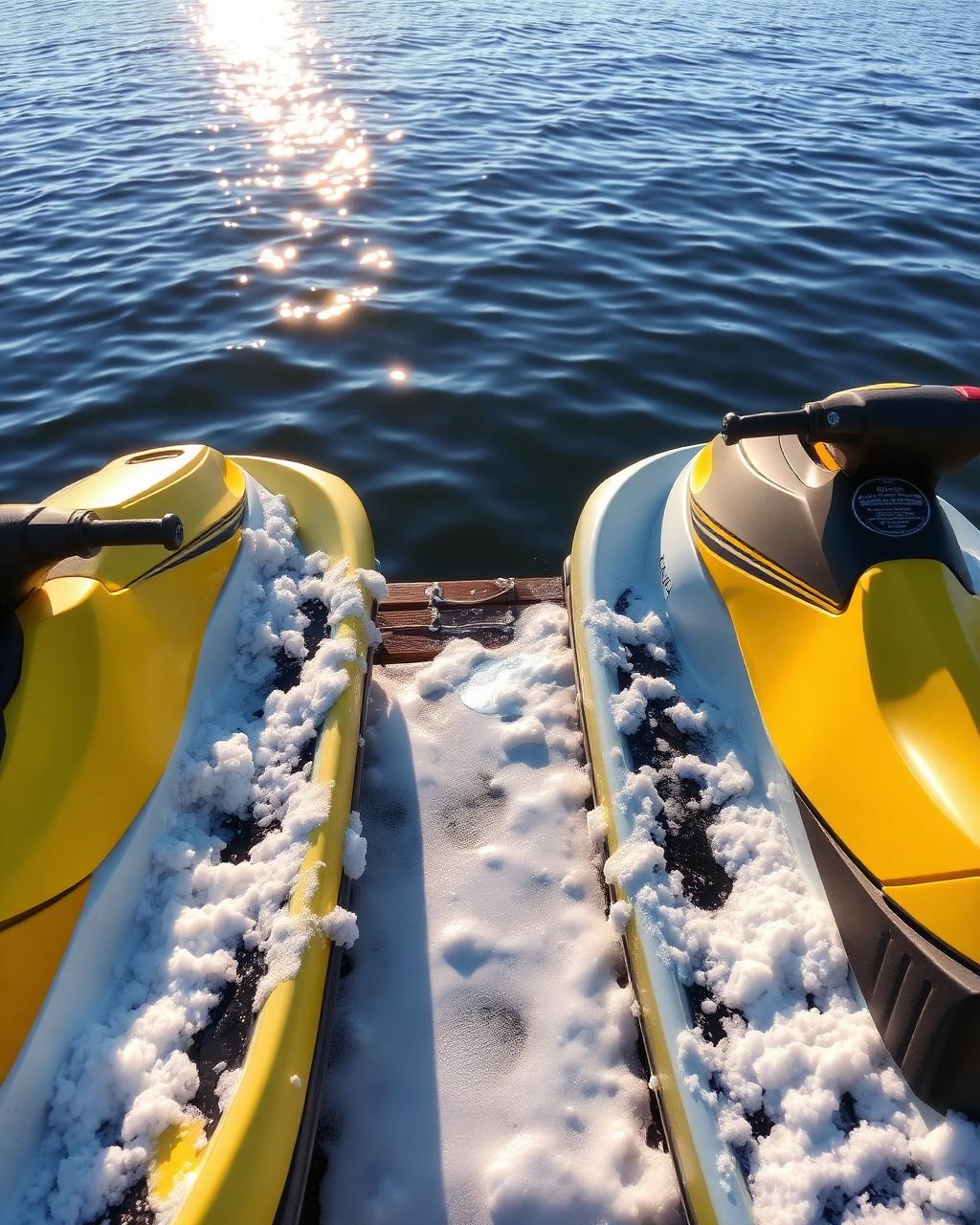 Pair of jet skis being foam-washed at the dock